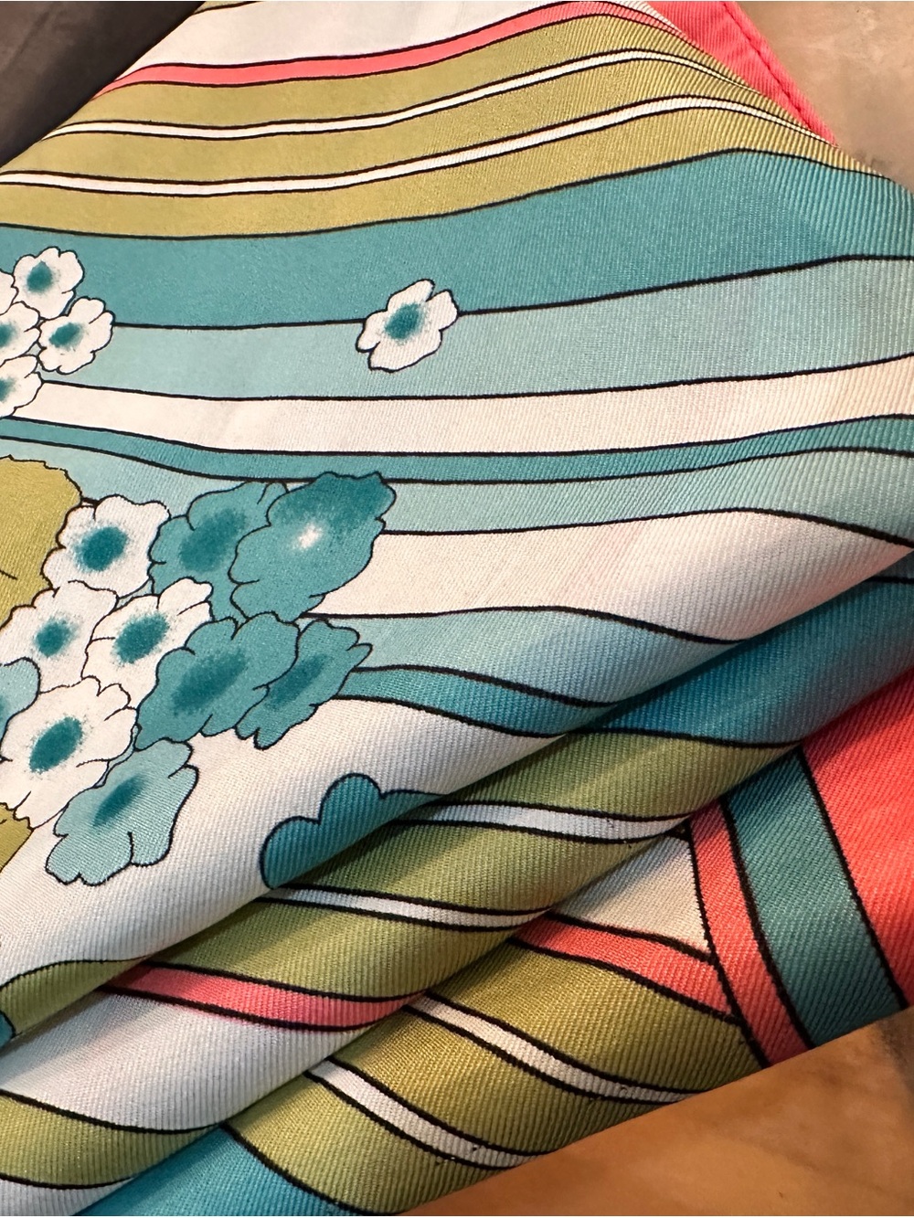 Rare Luxury Vintage Floral Stripe Scarf in Teal, Coral, Olive & White
